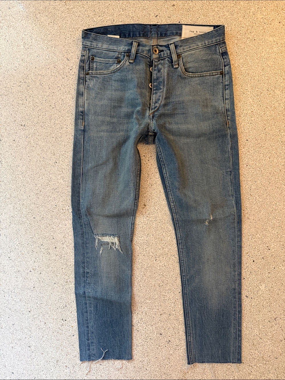 rag & bone Fit 1 Men's Light Blue Distressed Skinny Jeans Raw Hem 30 x 28